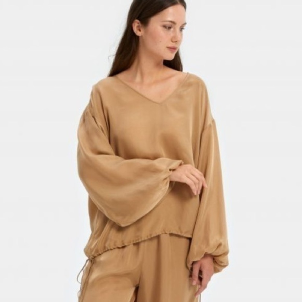 NAP Loungewear Long Puff Sleeve Satin Top in Caramel Women's Size Small